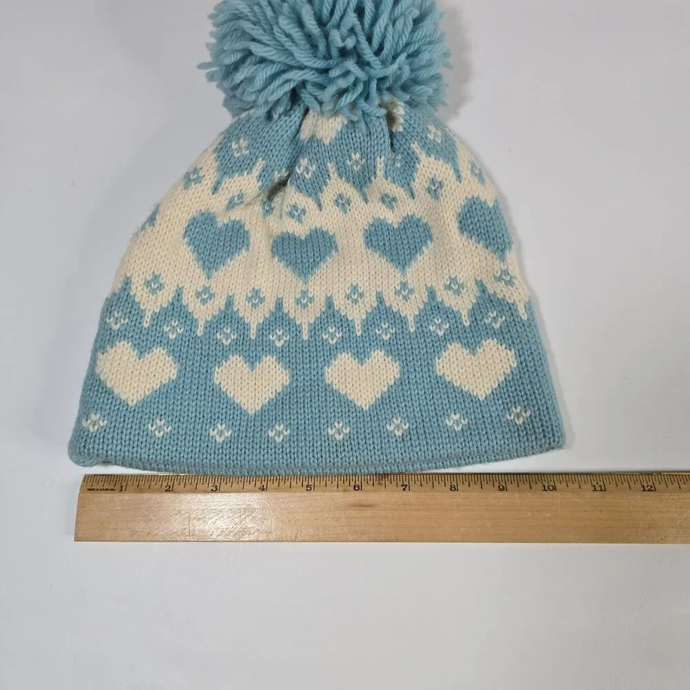 Winter Beanie Hat Knit With Pure 100% Wool Pompom Blue White HEARTS Cottagecore